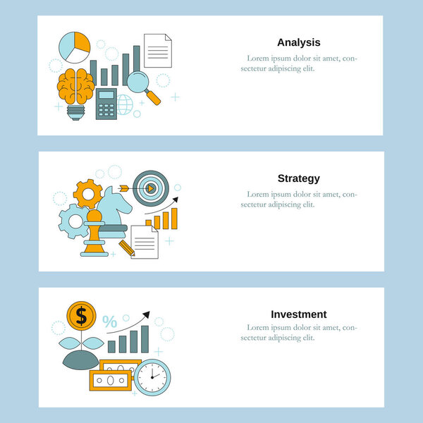 Analysis, Strategy, Investment. Vector template for website, mobile website, landing page, ui.