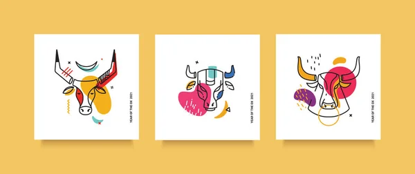 Un conjunto de toros de línea delgada dibujados a mano. Tendencias modernas en ilustración. Tarjetas de redes sociales. — Vector de stock