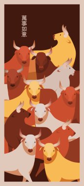 Boğalarla modern sanat seti. Kumaş ya da kıyafet baskısı. Bulls Çin Yeni Yıl Sembolü 2021