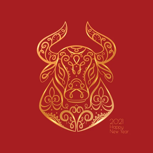 Der Stierkopf ist in der chinesischen Tradition ein Symbol für Wohlstand. Goldener Bulle Symbol des Jahres 2021. Abbildung für den Kalender. — Stockvektor