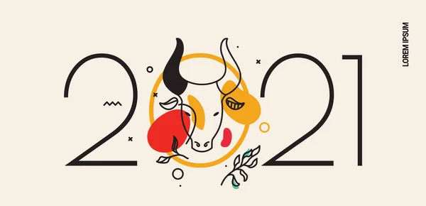EPS на новый 2021 год с нарисованной головой быка и надписью. — стоковый вектор