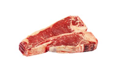Bir ham T-bone biftek biftek kaburga kemiğiyle beyaz arka plan üzerinde yüksek açılı görünüş izole kapatmak