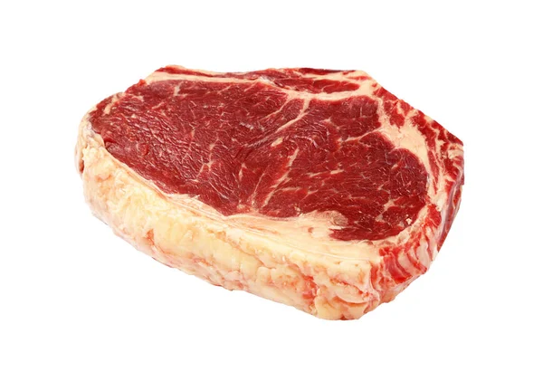 Feche Bife Cru Carne Vaca Com Costela Isolada Fundo Branco — Fotografia de Stock