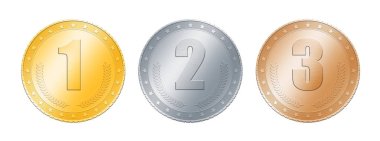 Metal (altın, gümüş ve bronz) boş sikke ve madalya şablonu kapatın veya başarı rozetleri beyaz arka plan üzerinde izole bir, iki, üç sayı ile ödül