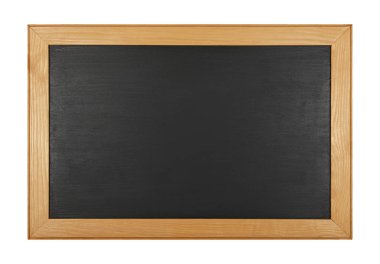 Siyah okul kara tahta blackboard oturum açma beyaz arka plan üzerinde izole kahverengi ahşap çerçeve