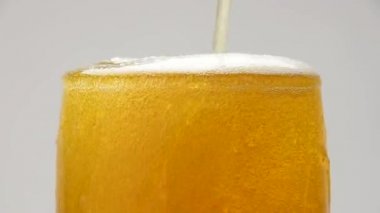 Arka plan dökme bira, köpüklü şarap veya şampanya cam, düşük açılı yan görünüm, ağır çekim kabarcıkları ile kapatmak