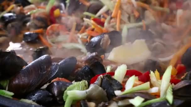 Close Cooking Fresh Seafood Saute Stew Shrimps Mussels Vegetables Stirring — Stock Video