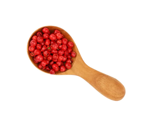 Chiudi Cucchiaio Paletta Legno Pieno Grani Pepe Rosa Rosso Isolati — Foto Stock