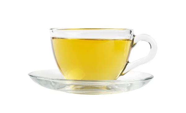 Close Van Een Transparante Glazen Kopje Groene Oolong Kruidenthee Schotel — Stockfoto