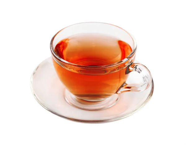 Κλείνω Ένα Διαφανές Γυάλινο Φλιτζάνι Μαύρο Τσάι Πιατάκι Που Απομονώνονται — Φωτογραφία Αρχείου