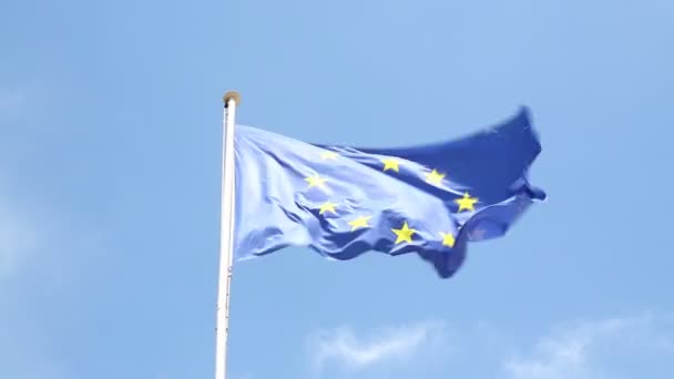 Close Flag European Union Waving Blowing Wind Blue Sky Low — Stock Video