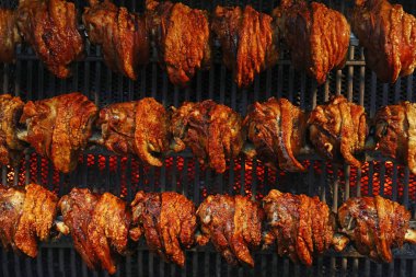 Birkaç geleneksel Bavyera Alman domuz eklemleri kavurucu raf ızgara şiş, düşük açılı yan görünümü kadar yakın döner yavaş yavaş pişmiş kavrulmuş