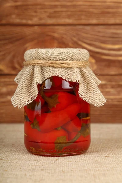 Close One Glass Jar Pickled Small Red Hot Cherry Chili — Stock Photo, Image