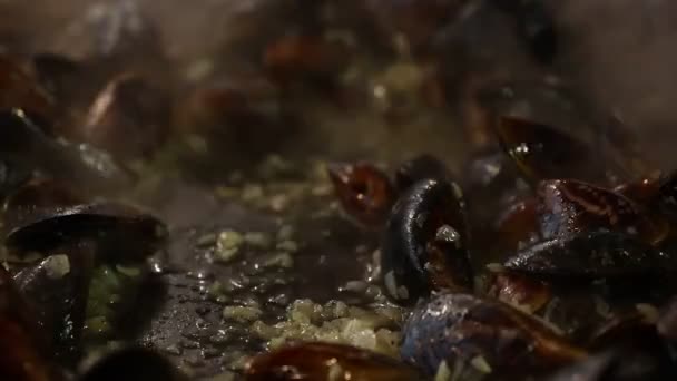 Cuisson Moules Belges Cuites Vapeur Rôties Oignon Huile Aux Herbes — Video