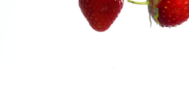 Εσωτερικη Διάφορα Φρέσκα Κόκκινα Ώριμες Φράουλες Που Ρίχνονται Και Επιπλέει — Αρχείο Βίντεο