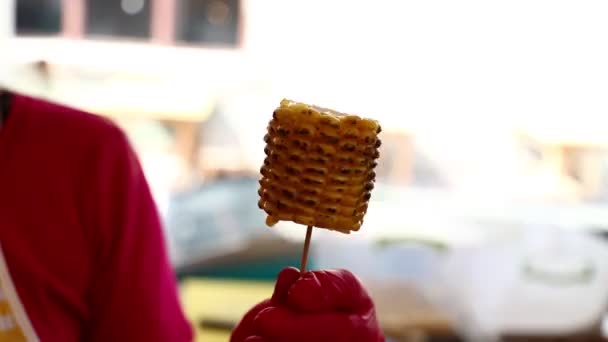 Closeup woman hand showing and spinning ready to eat steamed and roasted sweet corn cobs on stick, low angle view — Stock Footage Closeup Woman Hand Showing Spinning Ready Eat Steamed Roasted Sweet Stock Footage