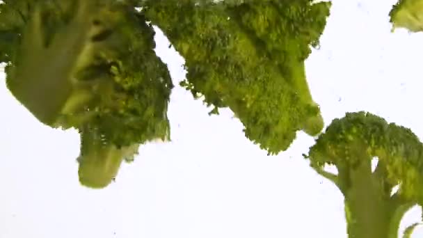Close Van Verschillende Verse Groene Broccoli Bloemknoppen Gegooid Drijvend Helder — Stockvideo