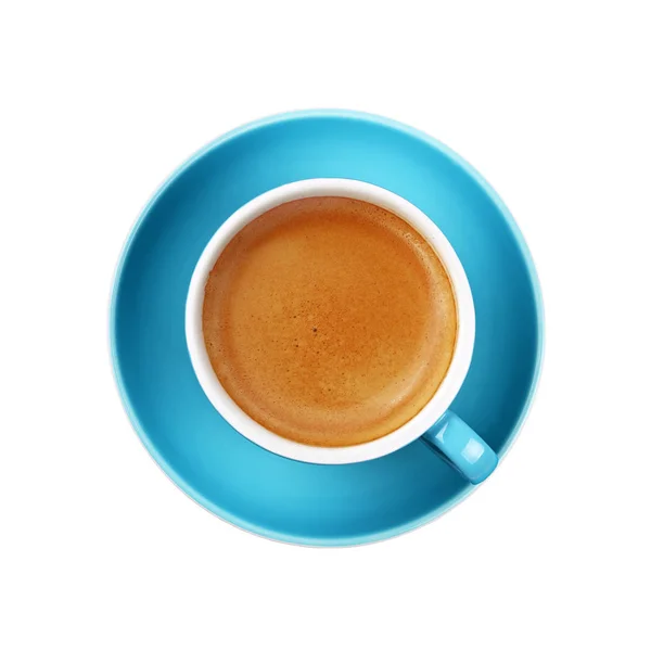 Πλήρη Φλιτζάνι Καφέ Espresso Μπλε Πιατάκι Απομονώνονται Λευκό Φόντο Κοντινό — Φωτογραφία Αρχείου