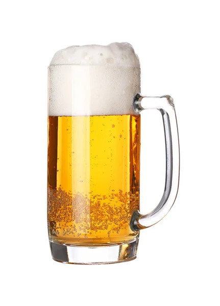 Close One Full Glass Mug Lager Beer Froth Bubbles Isolated — Stock Photo, Image