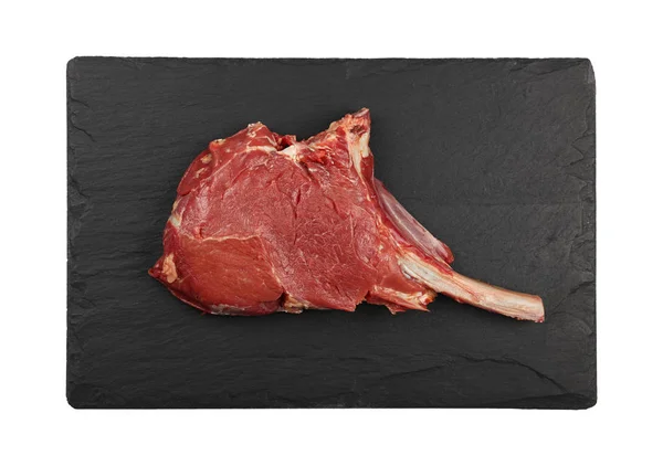 Close One Raw Tomahawk Ribeye Beef Steak Rib Bone Black — Stock Photo, Image