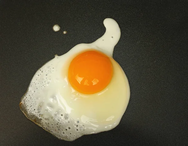 Close up cooking one sunny side fried egg on electric grill surface, elevated top view, directly above