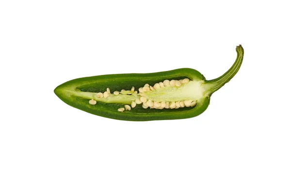 Bliska Połowę Cięcia Kawałek Świeżego Jalapeno Zielone Papryczka Chili Białym — Zdjęcie stockowe