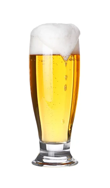 Close Een Vol Hoog Glas Lager Bier Met Schuim Bellen — Stockfoto