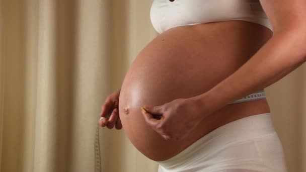 Vue Rapprochée Profil Femme Enceinte Caucasienne Vérifiant Son Ventre Exposé — Video