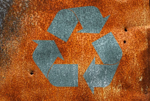 Alte Vintage Hell Rostfleckige Korrodierte Metalloberfläche Mit Grunge Recycling Logo — Stockfoto