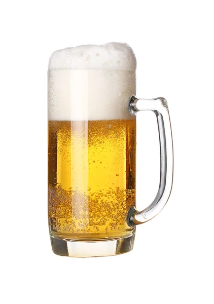 Close up one frothy beer glass isolated on white — Stock Photo, Image