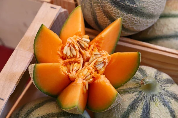 Fermer melons cantaloups frais sur l'affichage au détail — Photo