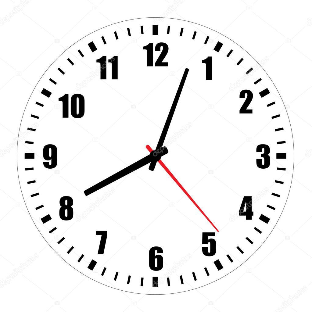 Vector illustration of blank clock face dial with Arabic numerals, hour, minute and second hands isolated on white background