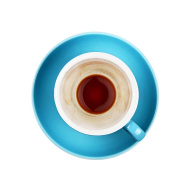 Close up empty cup of black espresso coffee on blue saucer isolated on white background, elevated top view, directly above clipart