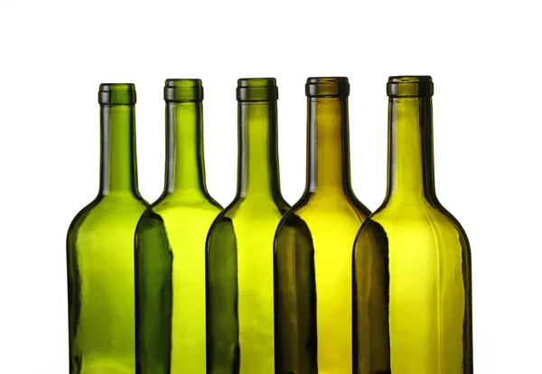 Primer Grupo Cinco Botellas Vino Vidrio Verde Lavadas Vacías Una — Foto de Stock