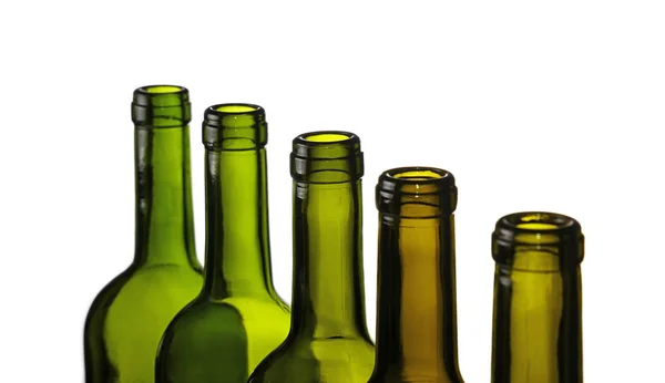 Close Group Five Empty Washed Green Glass Wine Bottles Row — Stock Photo, Image