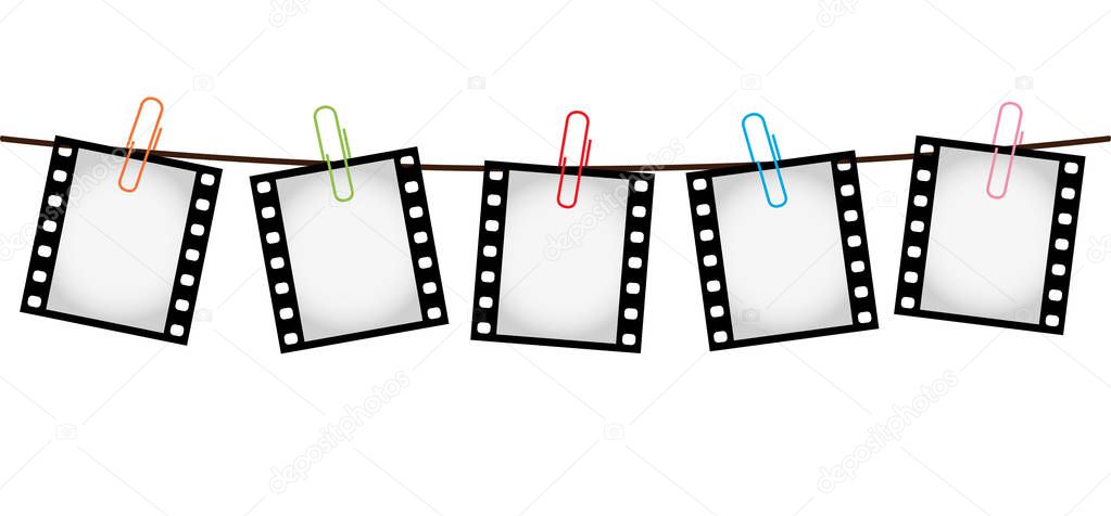 Vector illustration of five empty blank photo 35 mm film slides hanging on a rope with colorful paperclips over white background
