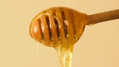 Akasya dökme tatlım ve yan görüş açısı düşük ile kopya alanı, bej renkli arka plan üzerinde ahşap kepçe kaşık gelen akan, yavaş hareket taze kalın sıvı kapatın