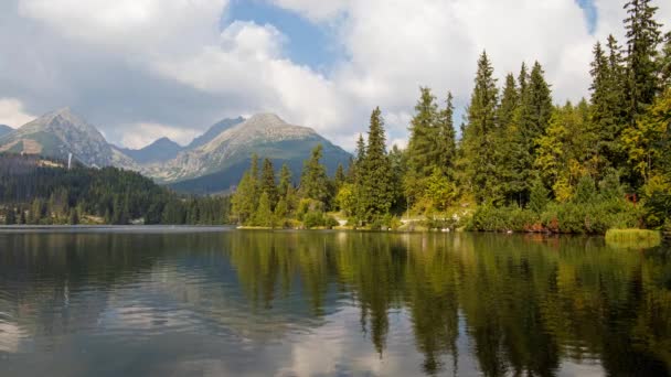 Animated Cinemagraph Cloudy Sky Green Summer Forest Rippled Water Mountain — Stock Video