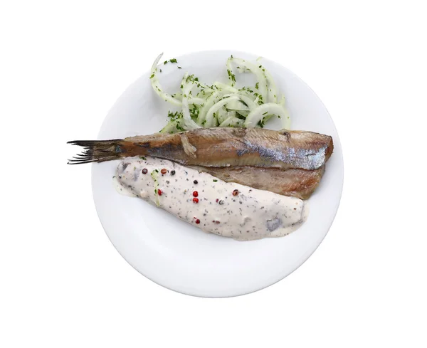 Del av saltad sill fisken filets med lök — Stockfoto