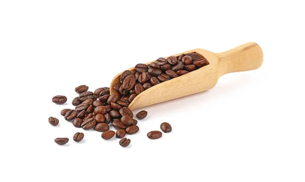 Wooden scoop of roasted coffee beans on white — Stock Photo, Image