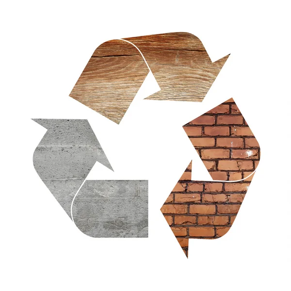 Символ вторичной переработки бетона, дерева и кирпича — стоковое фото
