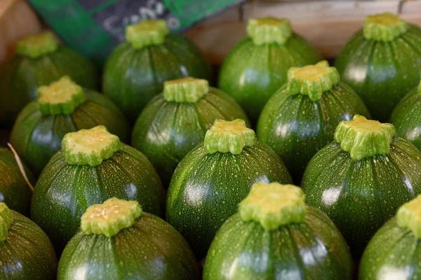 Close up fresh green zucchini on retail display — Stock Photo, Image