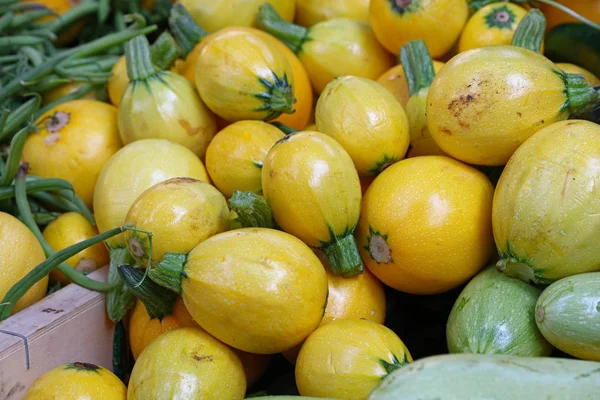 Close up fresh yellow zucchini on retail display — Stock Photo, Image