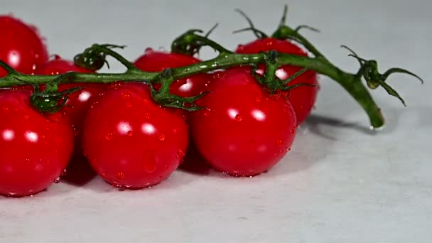 El tomate cereza cae sobre un manojo de tomates — Vídeo de stock