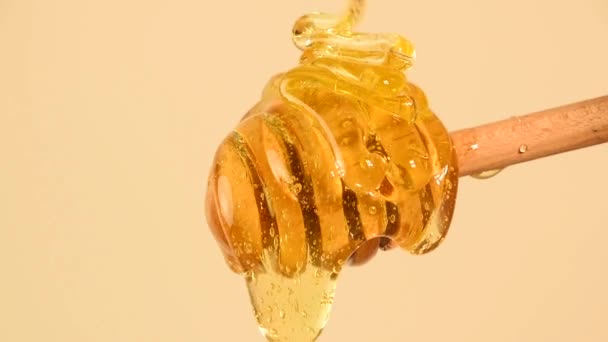 Nahaufnahme Honig, der aus einem hölzernen Löffel auf beige fließt — Stockvideo