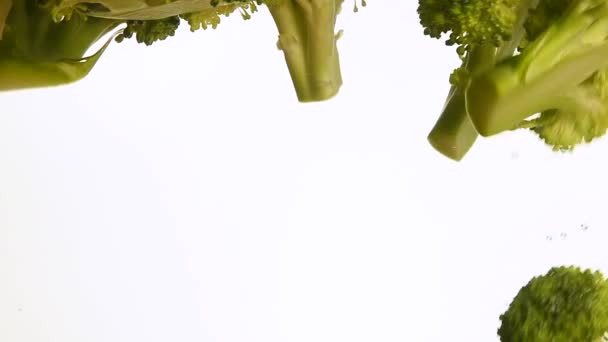 Close-up broccoli en wortel gegooid zweven in water — Stockvideo