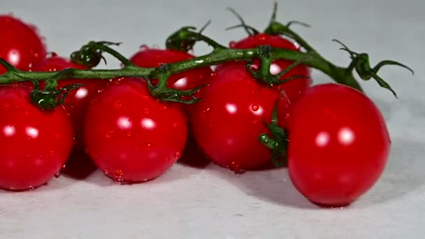 Cherry tomato rolls to bunch of fresh red tomatoes — Stock Video