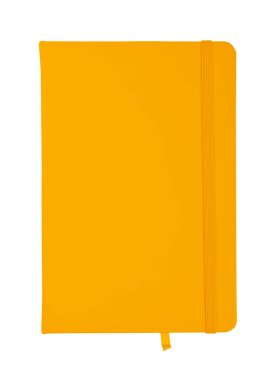 Sarı deri kaplı defter beyaza izole edilmiş.