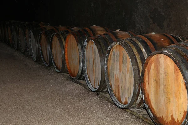 Fileiras de barris de vinho de madeira de carvalho na adega — Fotografia de Stock