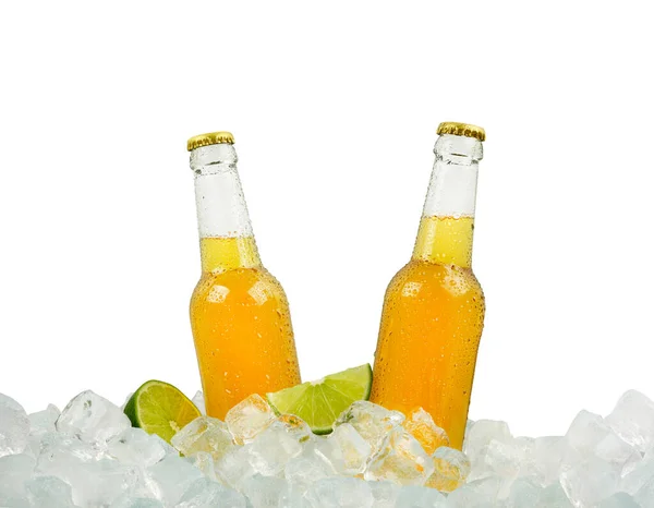 Close Two Clear Glass Bottles Cold Lager Beer Ice Cubes — Stock Photo, Image